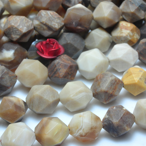 YesBeads Natural Petrified Wood Jasper matte star cut faceted nugget beads gemstone wholesale 15"