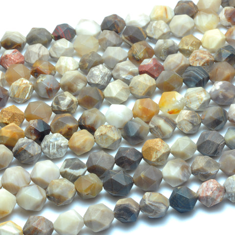 YesBeads Natural Petrified Wood Jasper matte star cut faceted nugget beads gemstone wholesale 15"