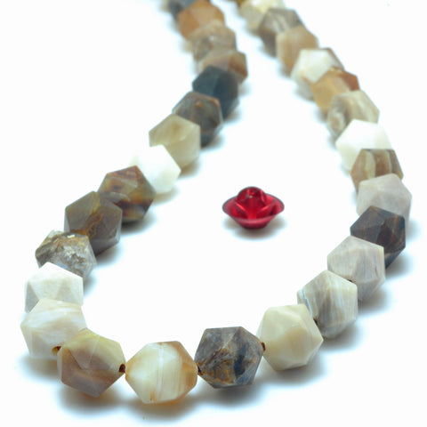 YesBeads Natural Petrified Wood Jasper matte star cut faceted nugget beads gemstone wholesale 15"
