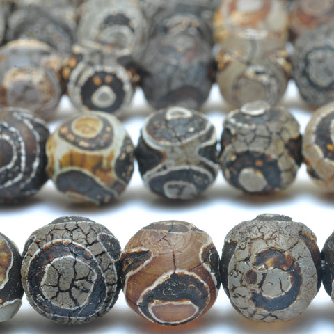YesBeads Tibetan Agate Dzi three-eyes agate matte round beads wholesale gemstone jewelry 15"