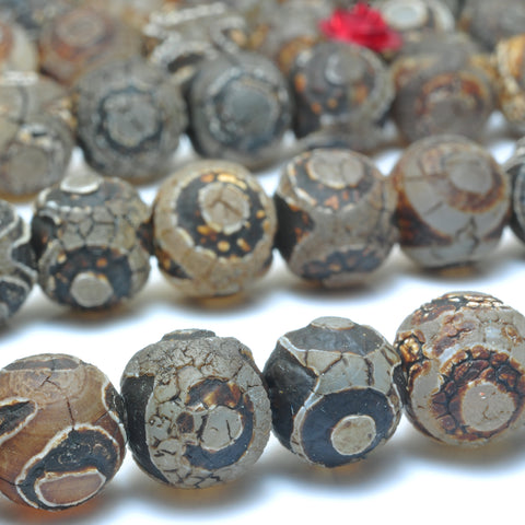 YesBeads Tibetan Agate Dzi three-eyes agate matte round beads wholesale gemstone jewelry 15"