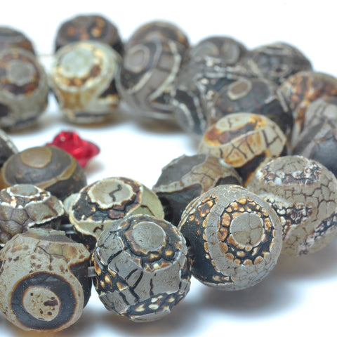 YesBeads Tibetan Agate Dzi three-eyes agate matte round beads wholesale gemstone jewelry 15"