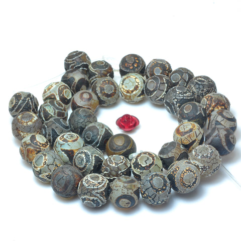 YesBeads Tibetan Agate Dzi three-eyes agate matte round beads wholesale gemstone jewelry 15"