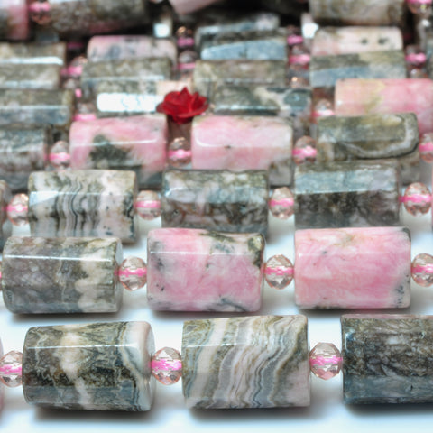 YesBeads Natural black banded rhodonite gemstone faceted tube loose beads wholsesale jewelry making bracelet design 15"