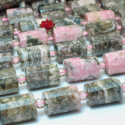 YesBeads Natural black banded rhodonite gemstone faceted tube loose beads wholsesale jewelry making bracelet design 15"