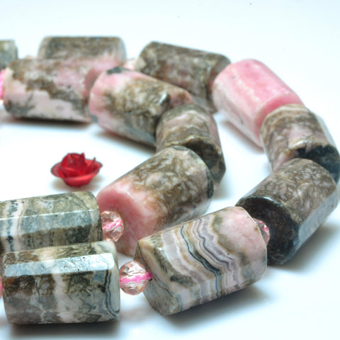 YesBeads Natural black banded rhodonite gemstone faceted tube loose beads wholsesale jewelry making bracelet design 15"
