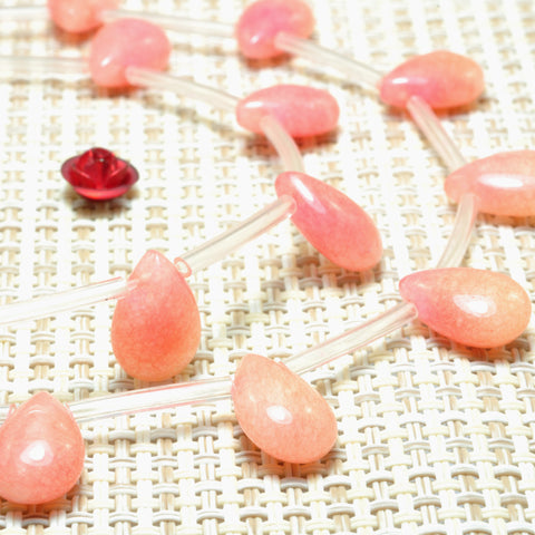 YesBeads Rose Red Jade smooth teardrop top sideway drill beads wholesale gemstone jewelry 8x12mm