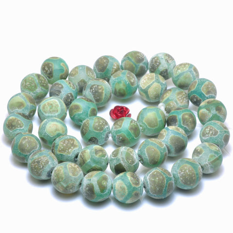 YesBeads Tibetan Agate DZI turtleback green agate matte round beads wholesale gemstone jewelry 10mm15"