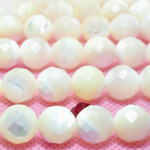 YesBeads Natural White MOP mother of pearl faceted round beads wholesale gemstone jewelry 15"