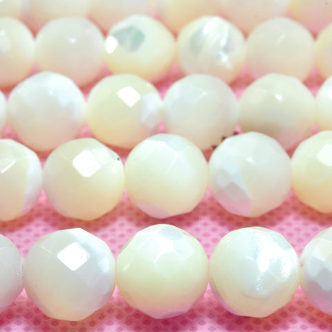 YesBeads Natural White MOP mother of pearl faceted round beads wholesale gemstone jewelry 15"