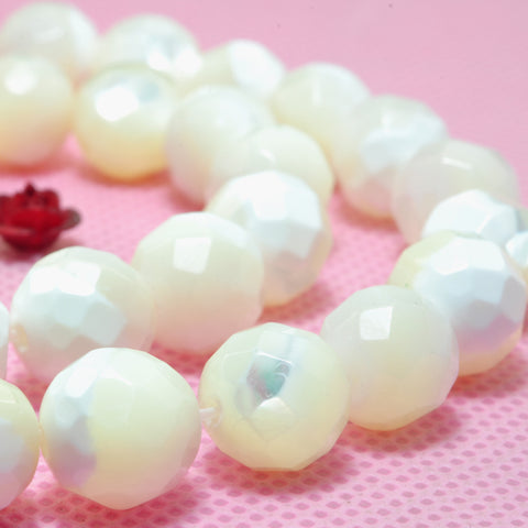 YesBeads Natural White MOP mother of pearl faceted round beads wholesale gemstone jewelry 15"