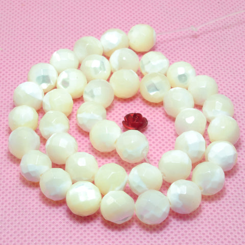 YesBeads Natural White MOP mother of pearl faceted round beads wholesale gemstone jewelry 15"