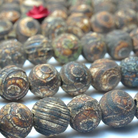 YesBeads Tibetan Agate Dzi three-eyes agate matte round beads wholesale gemstone jewelry 8mm 15"