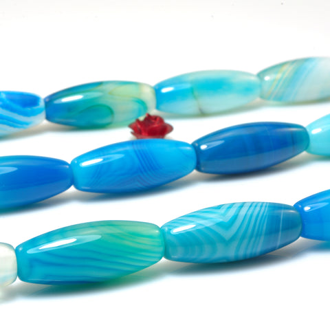 YesBeads Blue Banded Agate smooth rice beads wholesale gemstone jewelry 8x20mm 15"