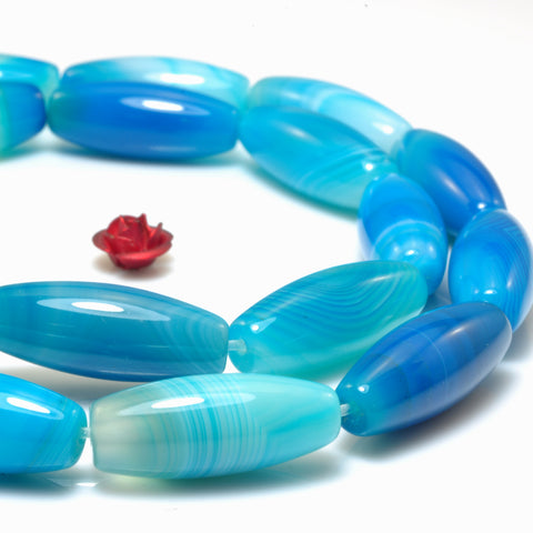YesBeads Blue Banded Agate smooth rice beads wholesale gemstone jewelry 8x20mm 15"