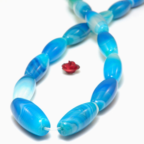 YesBeads Blue Banded Agate smooth rice beads wholesale gemstone jewelry 8x20mm 15"