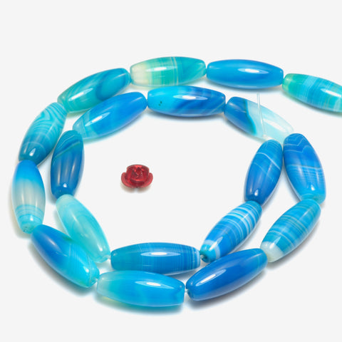 YesBeads Blue Banded Agate smooth rice beads wholesale gemstone jewelry 8x20mm 15"