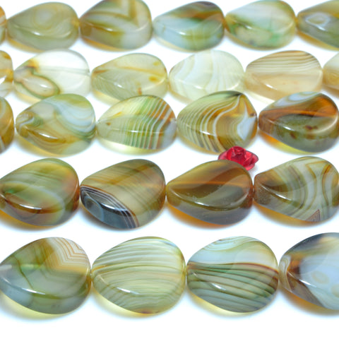 YesBeads Natural Green Banded Agate smooth twisted coin beads wholesale gemston jewelry 16mm 15"