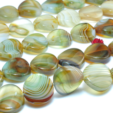 YesBeads Natural Green Banded Agate smooth twisted coin beads wholesale gemston jewelry 16mm 15"