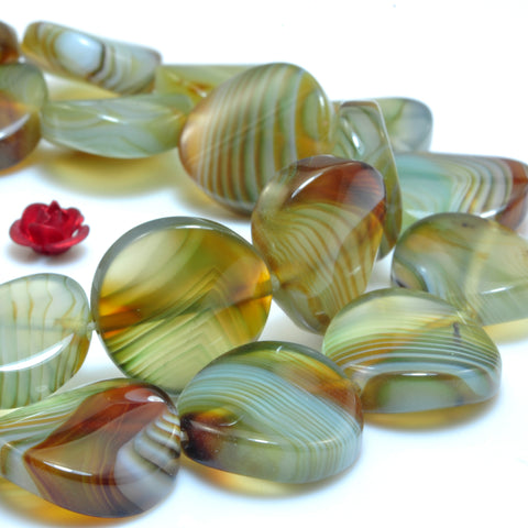 YesBeads Natural Green Banded Agate smooth twisted coin beads wholesale gemston jewelry 16mm 15"