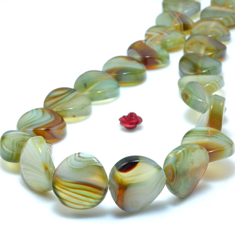YesBeads Natural Green Banded Agate smooth twisted coin beads wholesale gemston jewelry 16mm 15"
