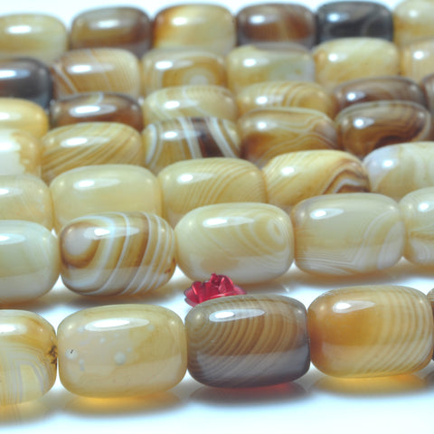 YesBeads Natural Brown Banded Agate smooth barrel drum beads wholesale gemstone jewelry 10x14mm 15"