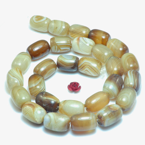 YesBeads Natural Brown Banded Agate smooth barrel drum beads wholesale gemstone jewelry 10x14mm 15"