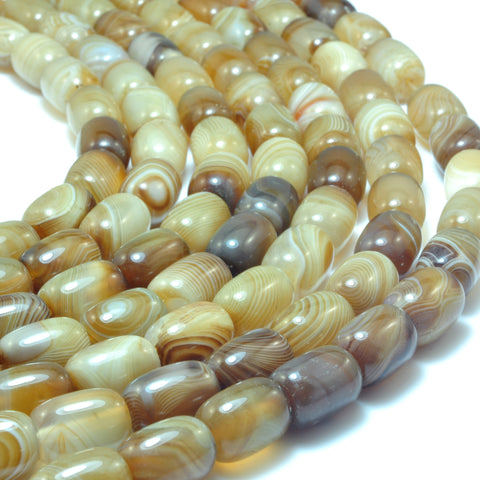 YesBeads Natural Brown Banded Agate smooth barrel drum beads wholesale gemstone jewelry 10x14mm 15"