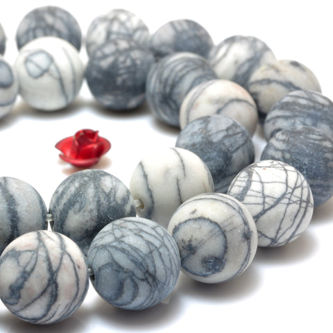 YesBeads Natural Black Line Jasper matte round beads silk stone spider jasper wholesale gemstone 6mm-12mm 15"