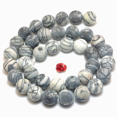 YesBeads Natural Black Line Jasper matte round beads silk stone spider jasper wholesale gemstone 6mm-12mm 15"