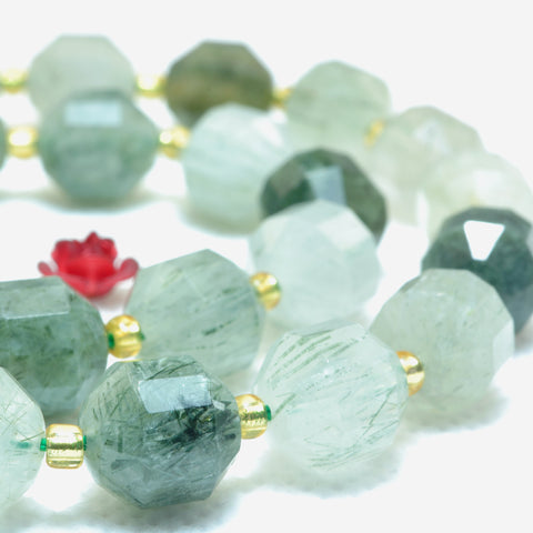 YesBeads Natural Green Rutilated Quartz faceted double terminated point beads wholesale gemstone jewelry making 15"