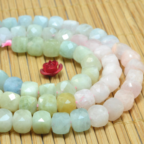 YesBeads Natural Morganite faceted cube loose beads mix aquamarine gemstone wholesale jewelry 15"