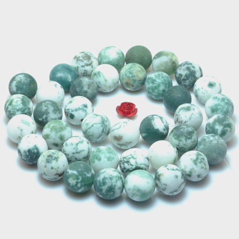 YesBeads Natural Green Tree Agate matte round loose beads wholesale gemstone jewelry making "