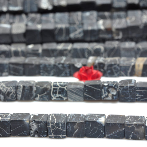 YesBeads Black Fire Agate matte cube loose beads crackle agate wholesale gemstone jewelry making 15"