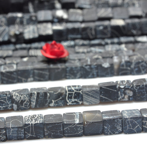 YesBeads Black Fire Agate matte cube loose beads crackle agate wholesale gemstone jewelry making 15"