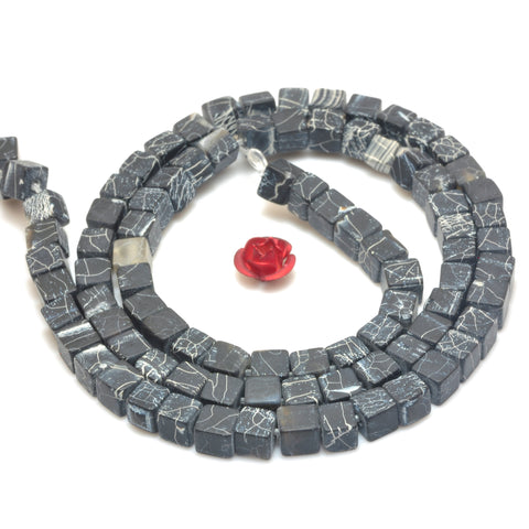 YesBeads Black Fire Agate matte cube loose beads crackle agate wholesale gemstone jewelry making 15"