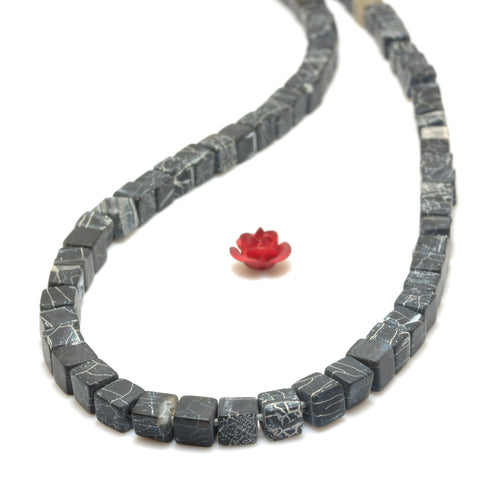 YesBeads Black Fire Agate matte cube loose beads crackle agate wholesale gemstone jewelry making 15"