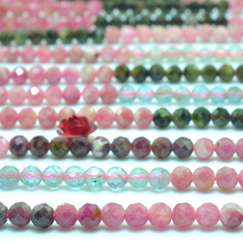 YesBeads Natural Watermelon Tourmaline faceted round beads rainbow gemstone wholesale jewelry 15"