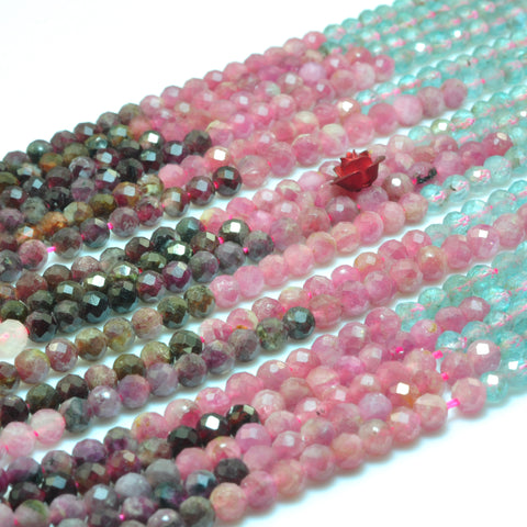 YesBeads Natural Watermelon Tourmaline faceted round beads rainbow gemstone wholesale jewelry 15"