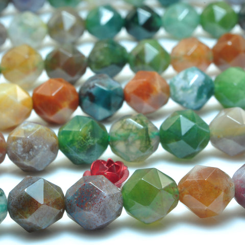 YesBeads Natural Indian Agate diamond faceted round beads wholesale green emstone jewelry making 15"