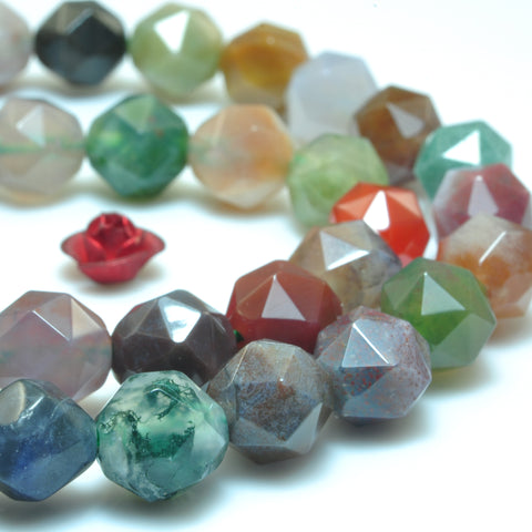 YesBeads Natural Indian Agate diamond faceted round beads wholesale green emstone jewelry making 15"