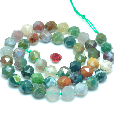 YesBeads Natural Indian Agate diamond faceted round beads wholesale green emstone jewelry making 15"