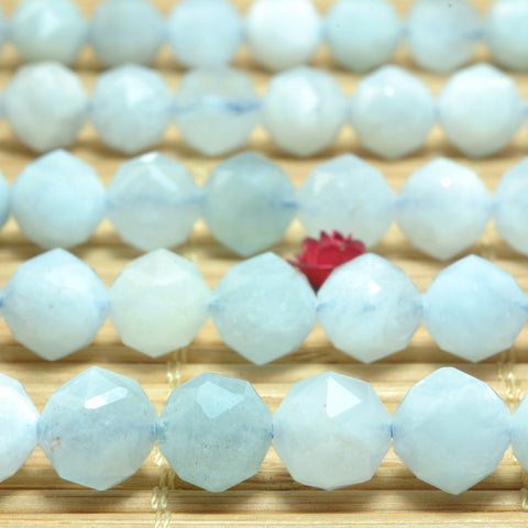 YesBeads Natural Blue Aquamarine diamond faceted round loose beads wholesale gemstone jewelry 15"