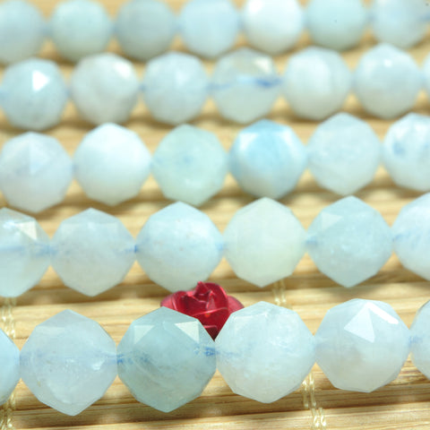 YesBeads Natural Blue Aquamarine diamond faceted round loose beads wholesale gemstone jewelry 15"