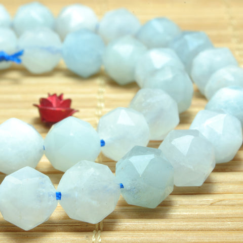 YesBeads Natural Blue Aquamarine diamond faceted round loose beads wholesale gemstone jewelry 15"