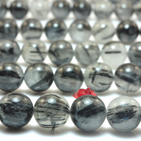 YesBeads Natural Black Rutilated Quartz AA grade smooth round loose beads wholesale jewelry making 15"