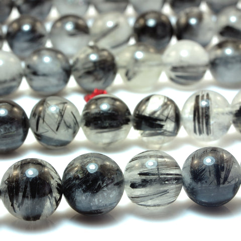 YesBeads Natural Black Rutilated Quartz AA grade smooth round loose beads wholesale jewelry making 15"