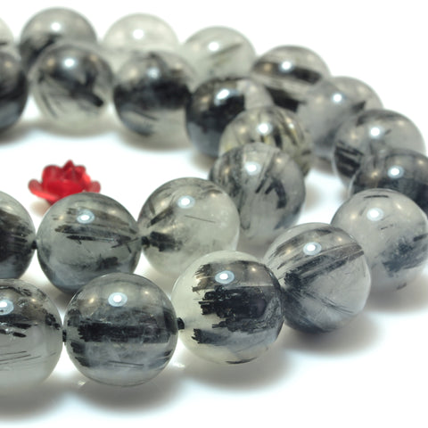 YesBeads Natural Black Rutilated Quartz AA grade smooth round loose beads wholesale jewelry making 15"
