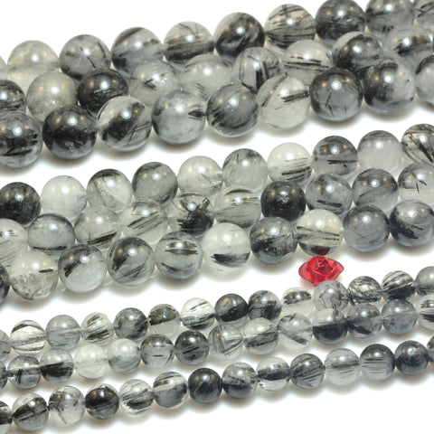 YesBeads Natural Black Rutilated Quartz AA grade smooth round loose beads wholesale jewelry making 15"