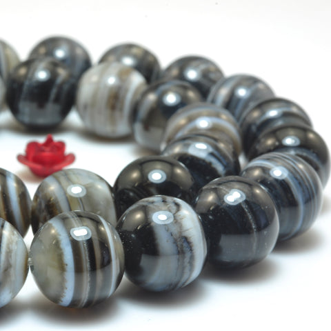 YesBeads Natural black banded agate smooth round loose beads gemstone wholesale diy jewelry making stuff